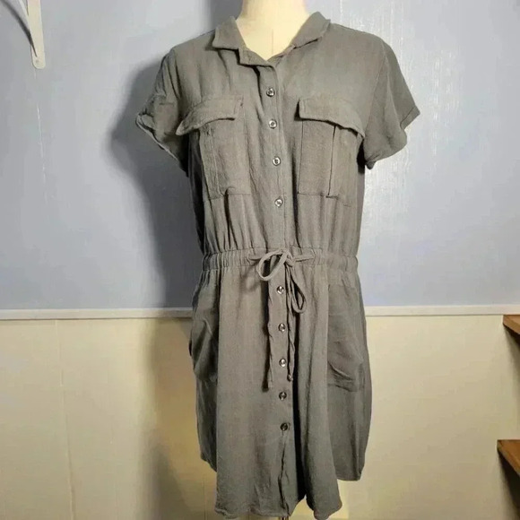 Thread + Supply Large Dark Gray Collared Short Sleeve Button Midi Casual Dress - Picture 1 of 11